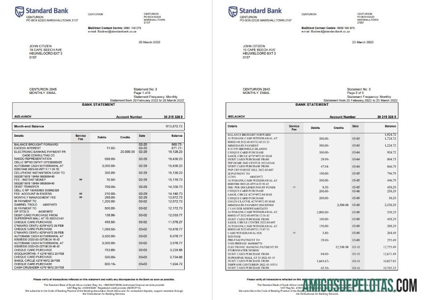 Exemplo de extrato bancário padrão da África do Sul, 6 páginas